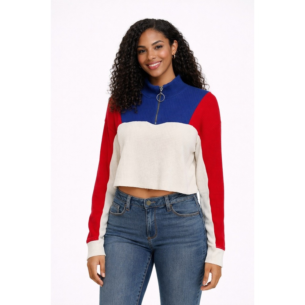 Hollister Women's Colorblock‎ Waffle Knit Cropped Top Half Zip Size M